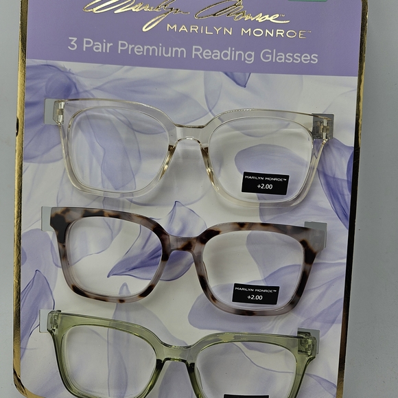Marilyn Monroe 3 Pair Reading Glasses - Clear, Tortoise, Green +2.00 NEW - Picture 1 of 2